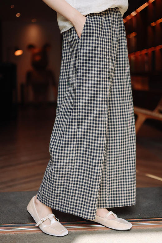绽放131朵/叠穿神器2024新款亚麻棉格子裤日系文艺直筒裤宽松长裤 商品图5