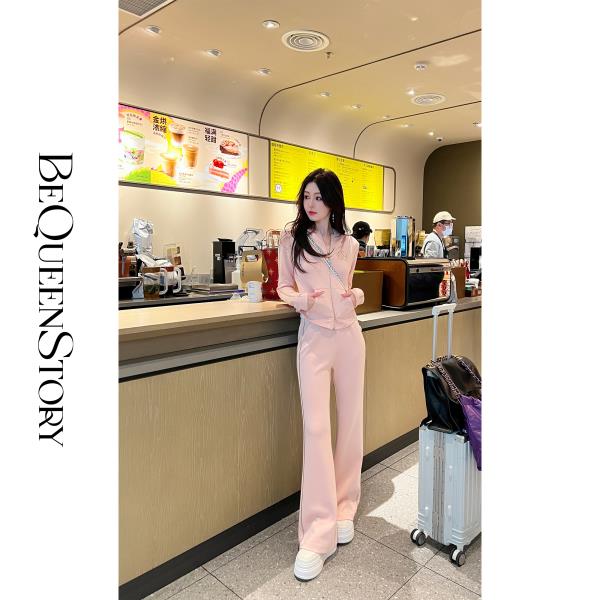 bequeenstory【法式街头】减龄气质显瘦休闲百搭烫钻运动连帽套装