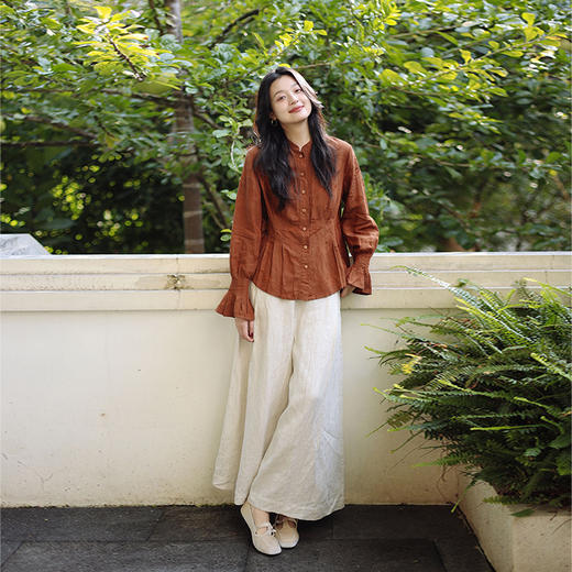 绽放089朵/高端光泽感亚麻棉新中式立领长袖微喇叭袖文艺棉麻衬衫 商品图2