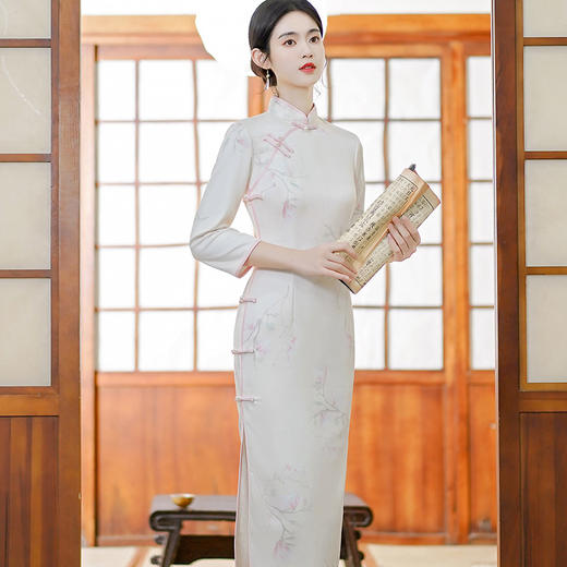 知性优雅，改良复古传统中式国风少女秋季长旗袍新款麂皮绒气质旗袍HYM-23501 商品图2