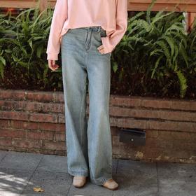 绽放087朵/2024春季经典怀旧复古简约水洗蓝宽松拖地阔腿牛仔裤