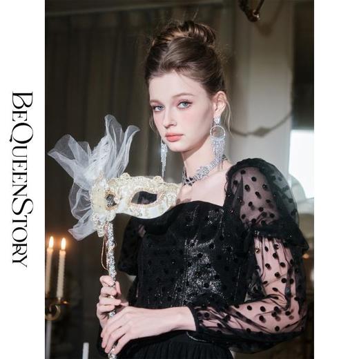 【孤品样衣，不退不换】【雾港黑珍珠】法式植绒波点复合网纱含金银丝上衣 商品图3