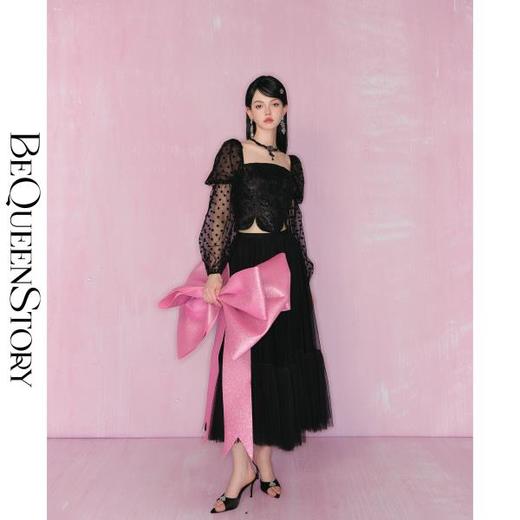 【孤品样衣，不退不换】【雾港黑珍珠】法式植绒波点复合网纱含金银丝上衣 商品图2