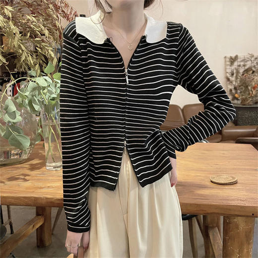 「四款可选！撞色翻领条纹长袖」春季新款双拉链针织衫女春秋季新款修身打底衫短款上衣女装 商品图3