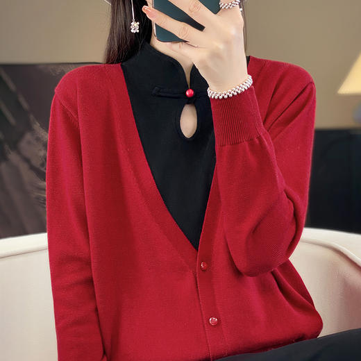 Avann假两件盘扣领羊毛混纺开衫2355 商品图1