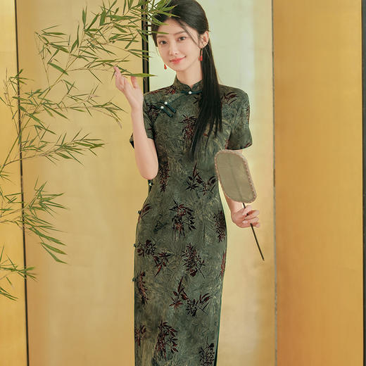 文艺复古风，春夏季新款牛奶丝植绒优雅气质旗袍老上海旗袍连衣裙HYM-23549 商品图2