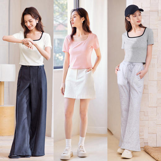 森马内衣女简约内搭短袖上衣可外穿方领修身显瘦打底衫 商品图3