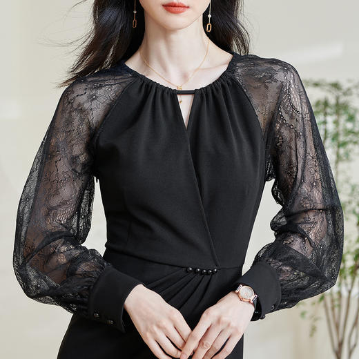 剩S/M/L/XL 米思阳2026春季新款优雅气质镂空连衣裙蕾丝弹力收腰一步裙女0891 商品图4