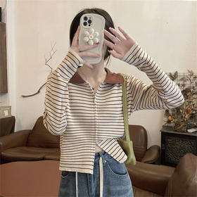 「四款可选！撞色翻领条纹长袖」春季新款双拉链针织衫女春秋季新款修身打底衫短款上衣女装