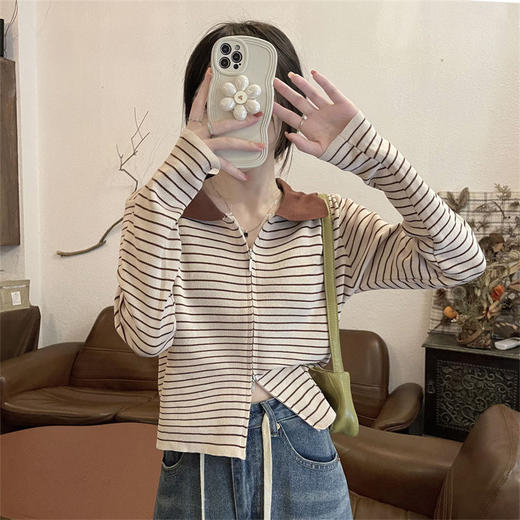 「四款可选！撞色翻领条纹长袖」春季新款双拉链针织衫女春秋季新款修身打底衫短款上衣女装 商品图0