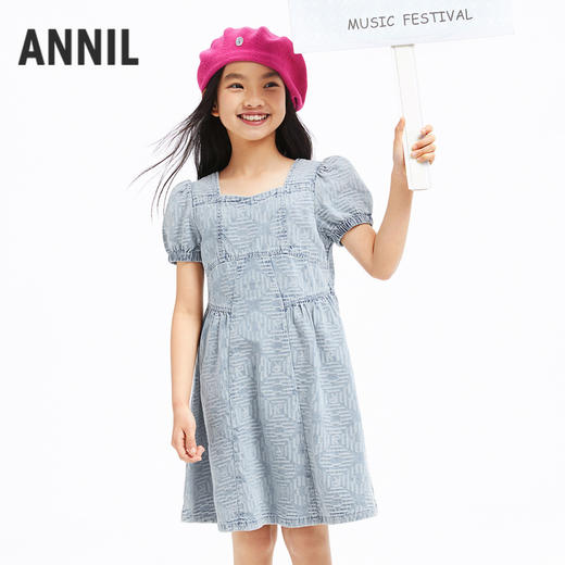 女童牛仔连衣裙新款夏纯棉简约纯色提花公主裙子安奈儿童装EG423079 商品图0