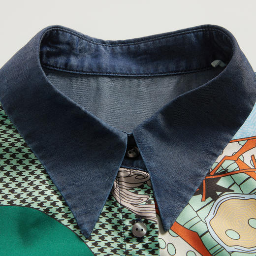 谜底牛仔拼接衬衫分袖女2024夏季新款复古印花亲肤衬衣246MC7072 商品图3