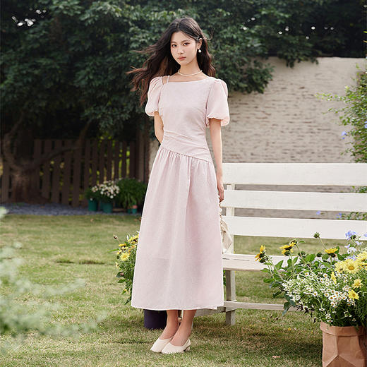不规则领口两穿短袖连衣裙春季新款灯笼袖抽褶收腰A字裙V0540395 商品图1