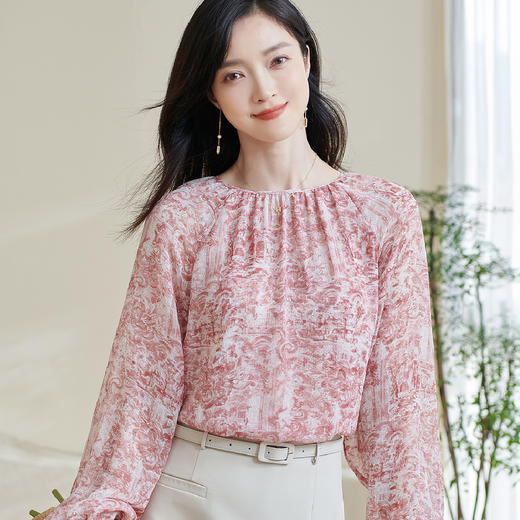 剩S/L/XXL 米思阳2026春季新款粉色印花春日衬衫法式优雅漂亮女士上衣0791 商品图1