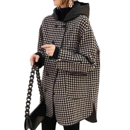 雀说 外套女早春格子宽松连帽显瘦毛呢大衣4ZF-022605 商品图4