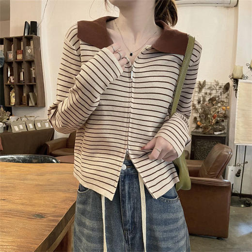 「四款可选！撞色翻领条纹长袖」春季新款双拉链针织衫女春秋季新款修身打底衫短款上衣女装 商品图1