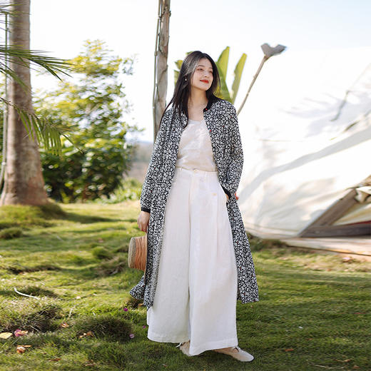 绽放098朵/桃夭两穿风衣连衣裙高端砂洗亚麻翻领显瘦长袖棉麻裙子 商品图2