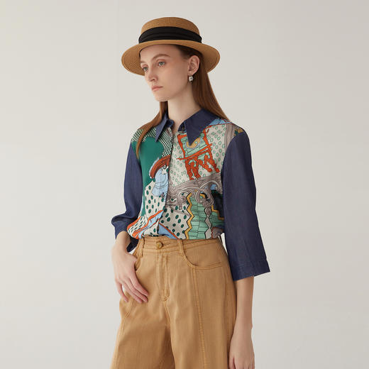 谜底牛仔拼接衬衫分袖女2024夏季新款复古印花亲肤衬衣246MC7072 商品图1