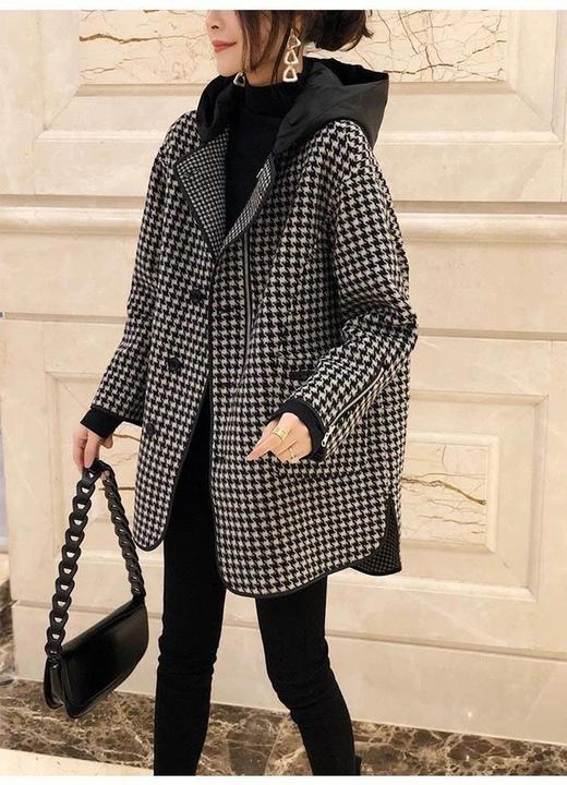 雀说 外套女早春格子宽松连帽显瘦毛呢大衣4ZF-022605 商品图5