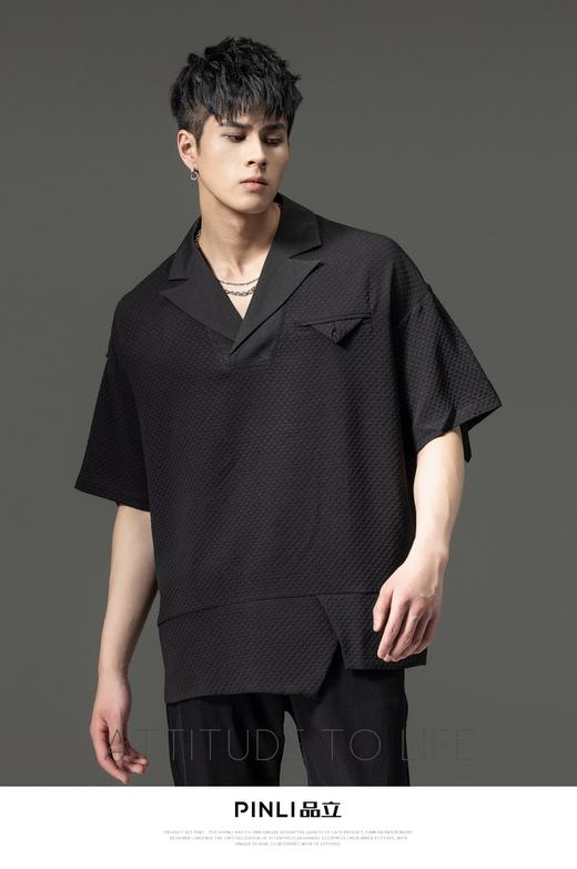 PINLI品立裁魂夏季新款西装领短袖T恤男士宽松黑色休闲潮上衣BC242111028 商品图0