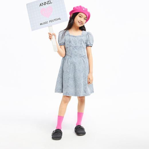 女童牛仔连衣裙新款夏纯棉简约纯色提花公主裙子安奈儿童装EG423079 商品图3