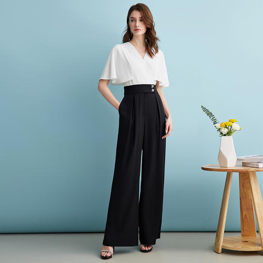 EITIE爱特爱高腰通勤飞飞袖交襟V领撞色阔腿连体裤夏季新款B2407350 商品图1