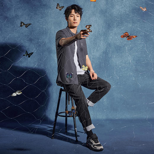 【非遗苗绣蝴蝶妈妈系列】柒牌短袖衬衫男夏季新款休闲立领衬衣薄	126A70160 商品图3