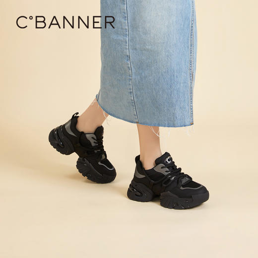 千百度厚底黑色老爹鞋女春夏网面透气增高时尚运动休闲鞋A24126204 商品图0