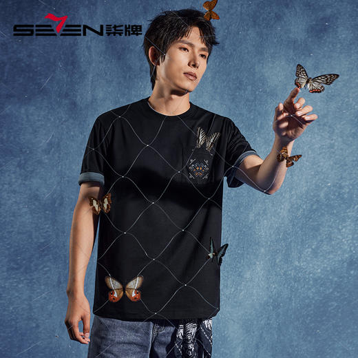 【非遗苗绣蝴蝶妈妈系列】柒牌男士短袖T恤夏季新款口袋绣花体恤	126T72750 商品图1