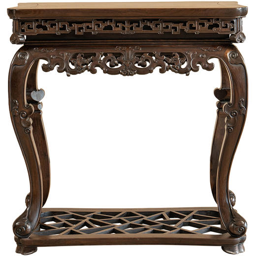 清 红木镶瘿木透雕螭龙纹三弯腿带托泥香几 商品图5