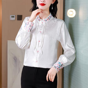 HT-6939新中式国风白色长袖刺绣衬衫2024春新款女装复古盘扣唐装汉服上衣