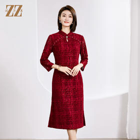 佐尔美春季新款 优雅气质国风中式七分袖连衣裙女E23LL24