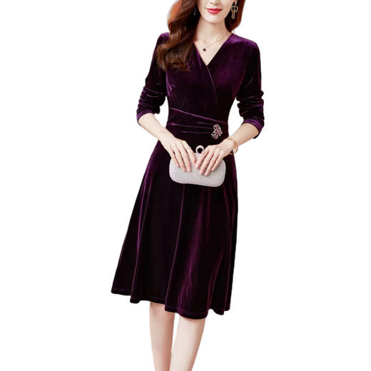 AHM-3099紫色金丝绒连衣裙女2024春季新款高级感V领收腰显瘦长袖礼服裙 商品图4