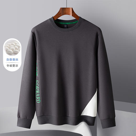 【桑蚕丝混纺 多色】罗蒙春秋男装字母印花卫衣男士撞色拼接卫衣休闲百搭圆领长袖T恤男 商品图3