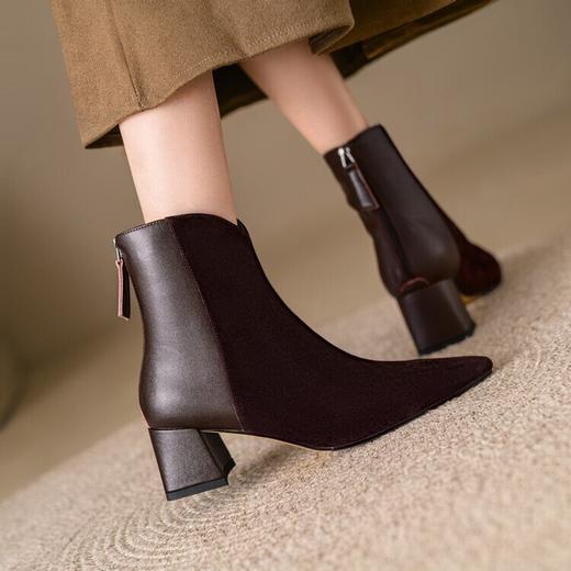 【预售5天】V口短靴女秋冬新款简约拼接棕色粗跟马丁靴羊翻皮中跟后拉链单靴XMNEHD&H260 商品图1