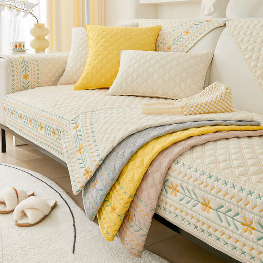 奶油风水洗棉沙发垫 四季通用简约刺绣亲肤柔软防滑沙发套 商品图0