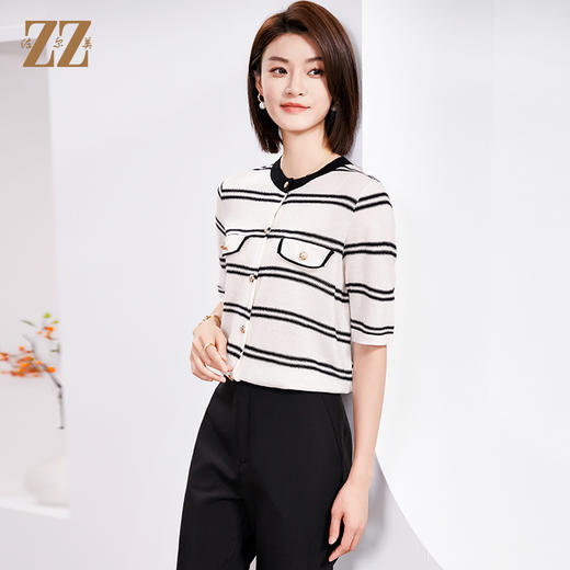 佐尔美春夏上新 时尚气质黑白条纹短袖毛衫上衣女E32MS02 商品图3