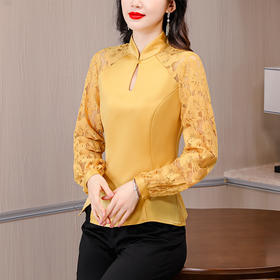 HT-6932中国风盘扣蕾丝拼接上衣女2024春设计感立领显瘦国风衬衫修身长袖