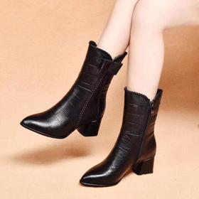ALBB-新款粗跟中筒靴子女加绒棉鞋中跟尖头小短靴秋款真皮鞋