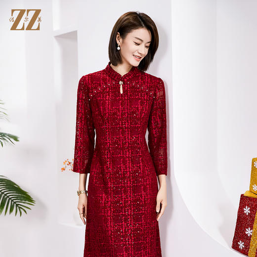 佐尔美春季新款 优雅气质国风中式七分袖连衣裙女E23LL24 商品图1