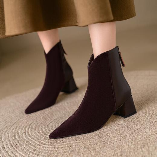 【预售5天】V口短靴女秋冬新款简约拼接棕色粗跟马丁靴羊翻皮中跟后拉链单靴XMNEHD&H260 商品图2