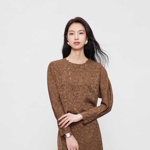 HJ1T13_栗壳色 / 漆黑色_ T 恤_四季_气质优雅暗纹提花圆领蝙蝠袖长袖垂感显瘦百搭上衣_高级女装_BERNIEELEN 伯妮斯茵 商品图3