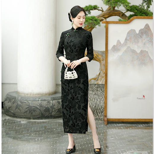 复古国风，丝绒长款中袖旗袍YM-9073 商品图1