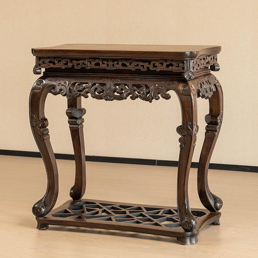 清 红木镶瘿木透雕螭龙纹三弯腿带托泥香几 商品图4