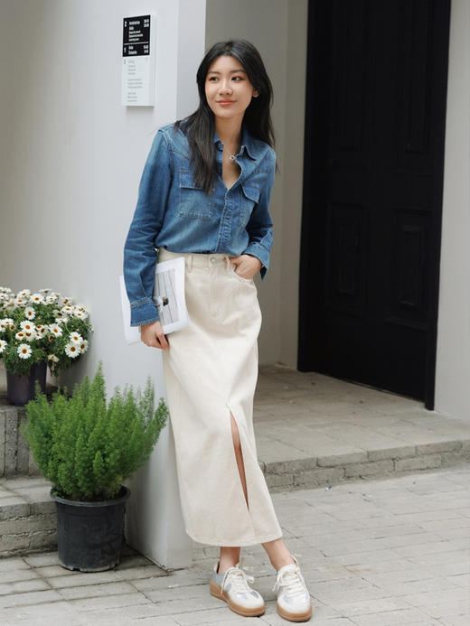 美式复古前开叉直筒牛仔半裙FB4955243 商品图0