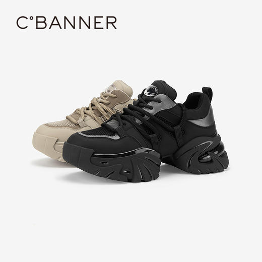 千百度厚底黑色老爹鞋女春夏网面透气增高时尚运动休闲鞋A24126204 商品图1