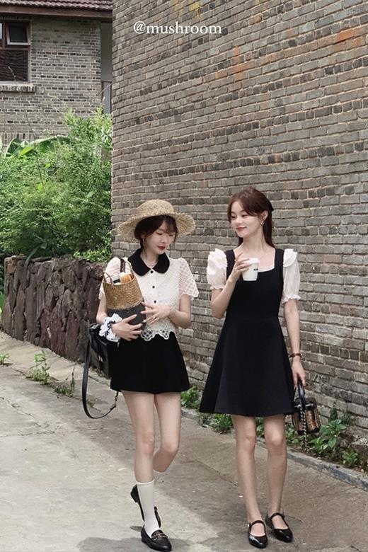 XS/M码金蘑菇菇【le serein少女心小黑裙】少女感泡泡袖拼接收腰连衣裙 商品图5