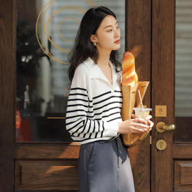 3.6R晚上-【法式Polo领廓形条纹毛衣】