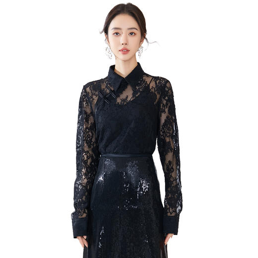 FUYAO扶摇 2024早春新款衬衣新中式国风斜襟盘扣蕾丝衬衫立领上衣 商品图4