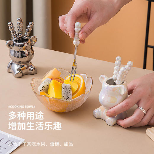 【陶瓷小胸刀叉组合】家用高颜值不锈钢水果叉套装 陶瓷小熊收纳罐甜品小叉子 商品图2